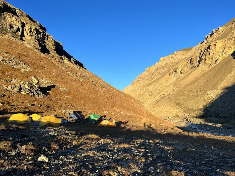 Evening light on camp, Upper Dolpo